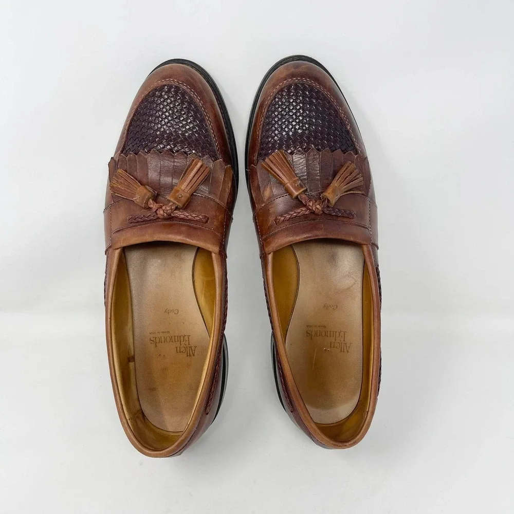 Allen Edmonds Cody Tassel Loafers Mens‎ 11 Brown Leather Woven Basketweave 1849